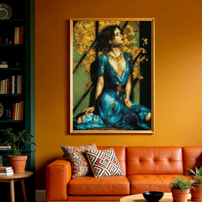 Gilded Grace 5D diamond painting in bedroom: creates a serene, opulent atmosphere - FEELOOK Art