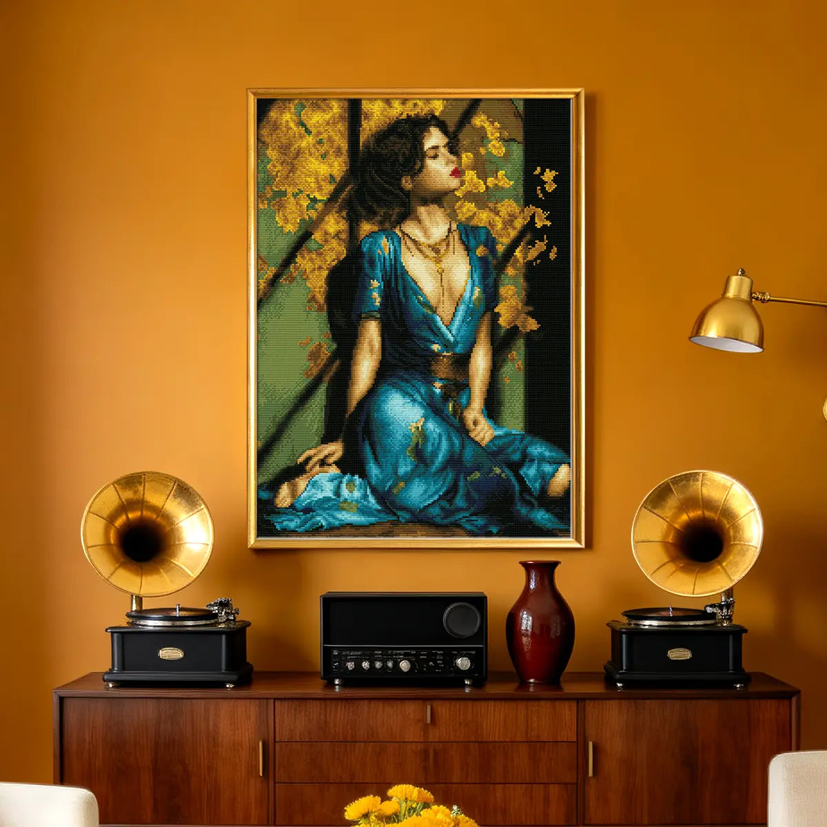 Gilded Grace 5D diamond painting displayed in living room: adds luxurious artistic charm to decor - FEELOOK Art