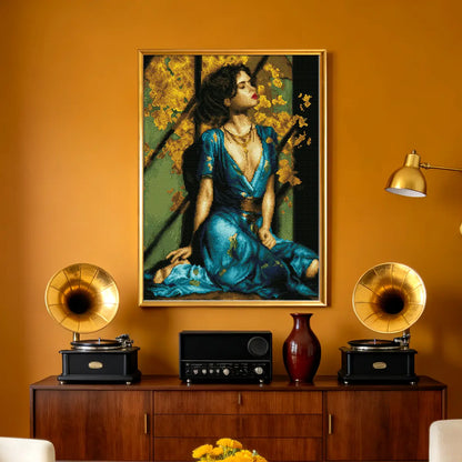 Gilded Grace 5D diamond painting displayed in living room: adds luxurious artistic charm to decor - FEELOOK Art