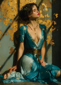 Main image of Gilded Grace 5D diamond painting: a serene figure in teal & gold attire against a gilded backdrop - FEELOOK Art