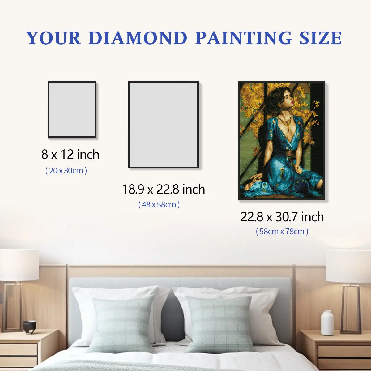 Size chart for Gilded Grace 5D diamond painting: multiple decorative size options - FEELOOK Art