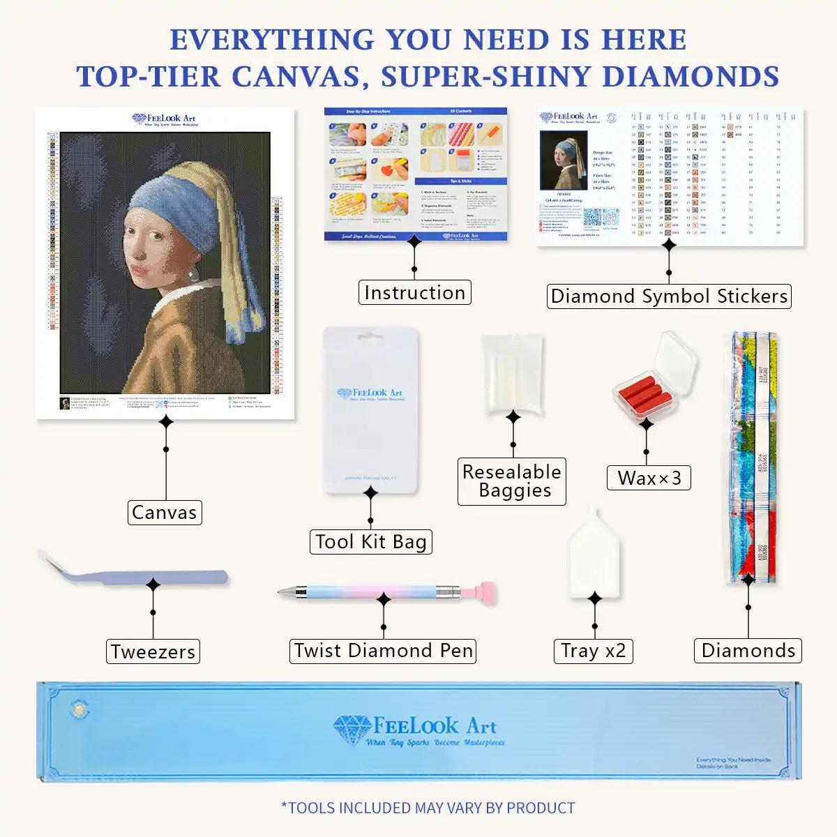 Complete Girl with a Pearl Earring diamond painting kit with canvas resin drills tools and accessories included - FEELOOK Art