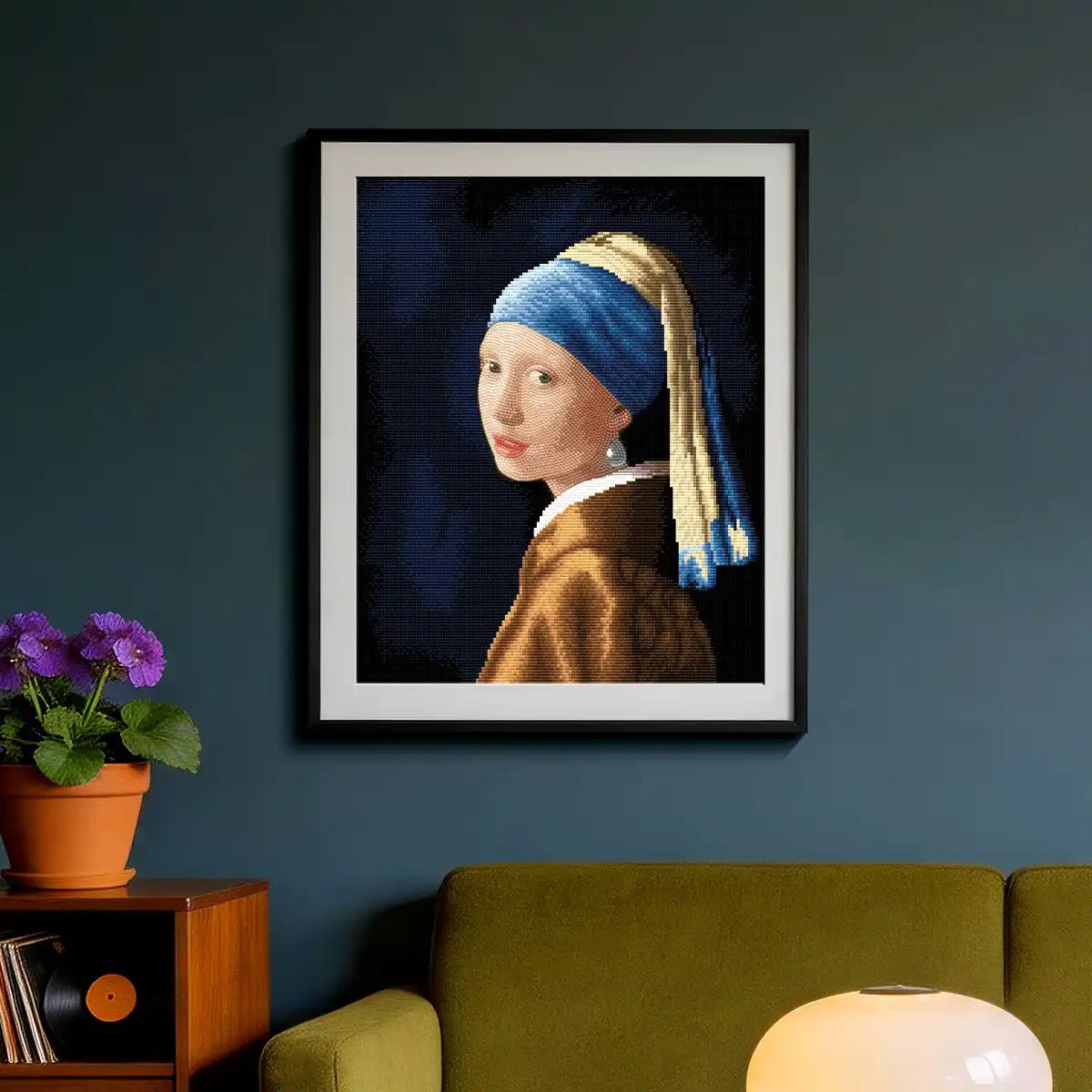 Girl with a Pearl Earring diamond painting displayed in elegant modern living room with warm artistic atmosphere - FEELOOK Art