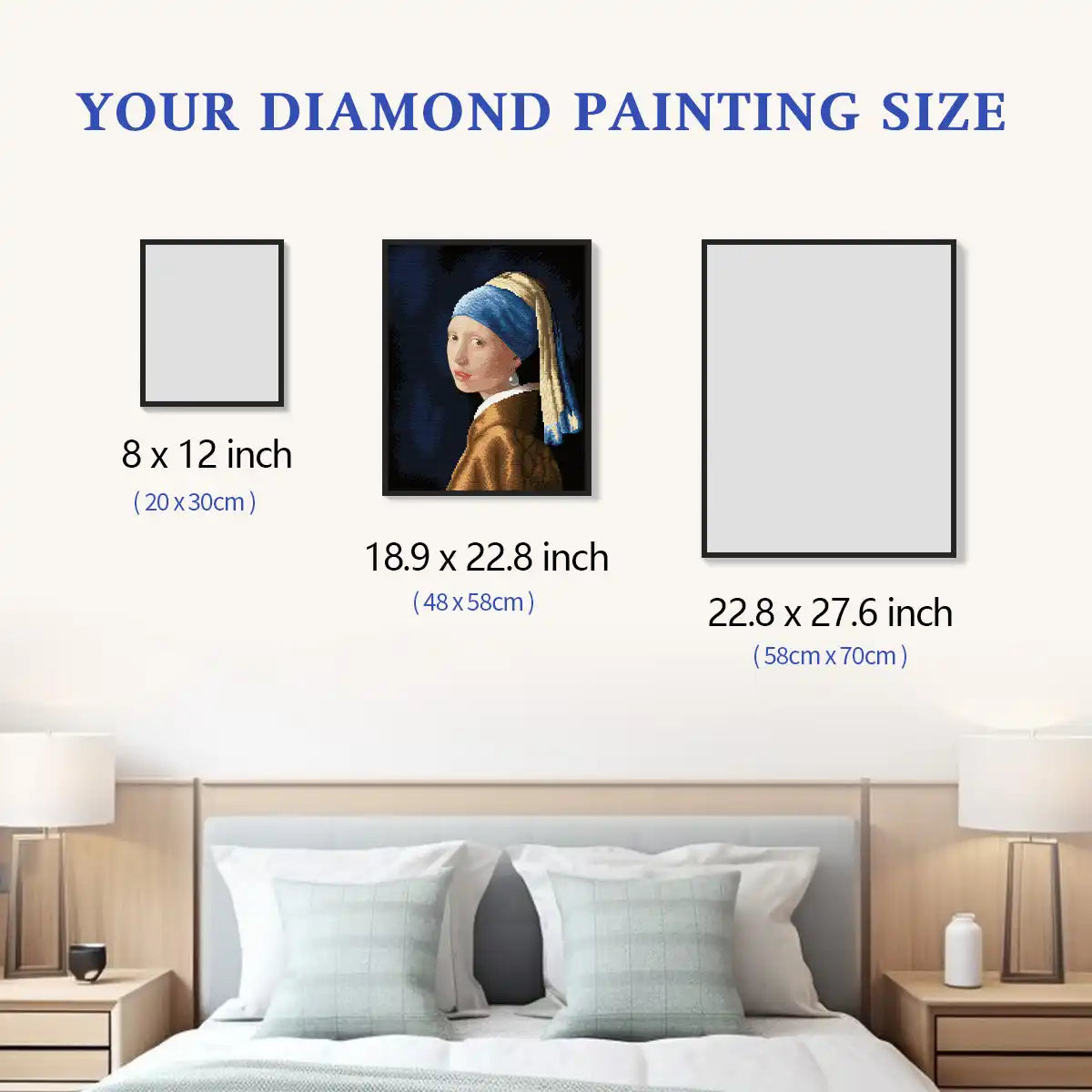  Girl with a Pearl Earring diamond painting size comparison chart for wall display and home décor inspiration - FEELOOK Art