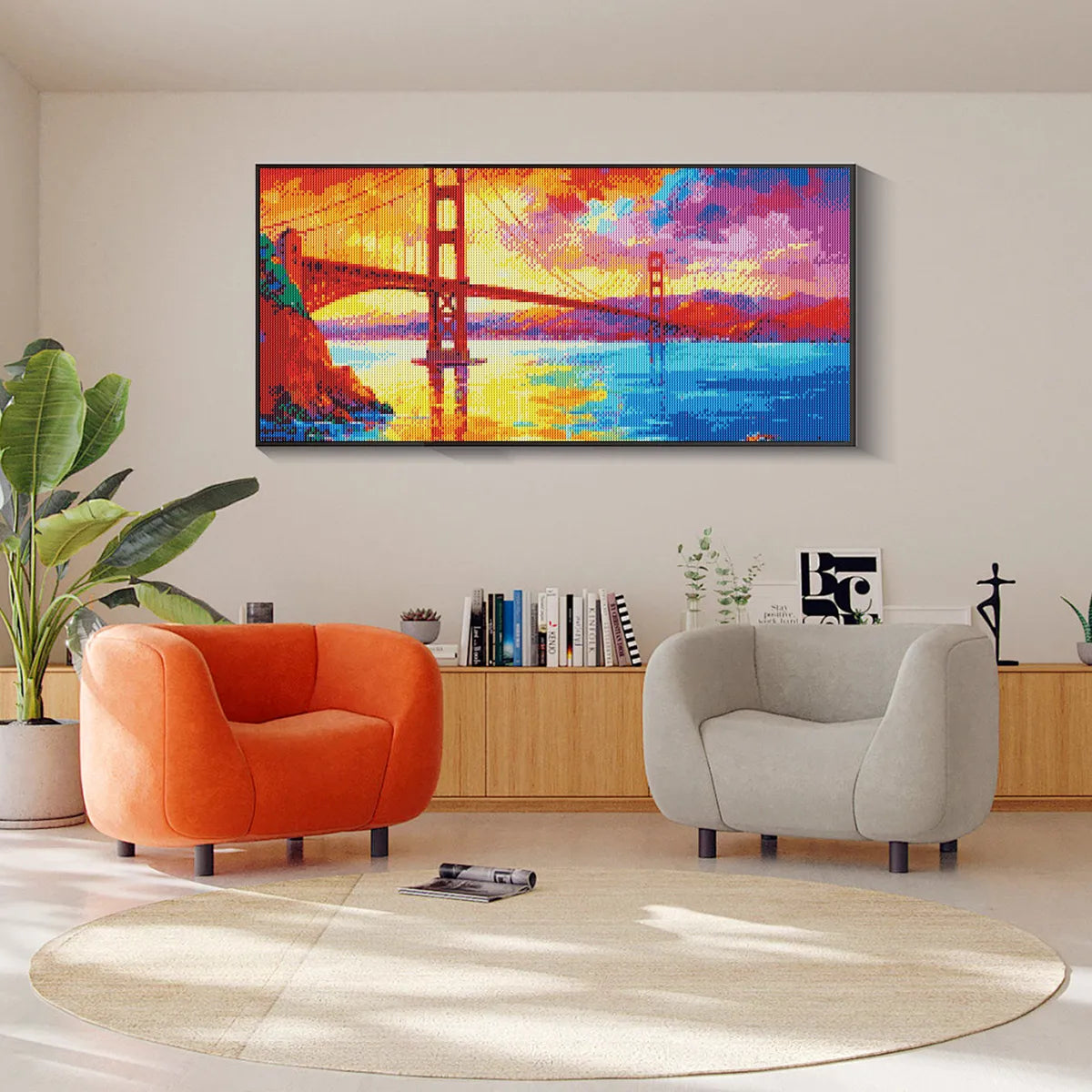 Framed Golden Gate Bridge diamond art displayed in a modern living room, perfect for creative hobby and relaxation.
