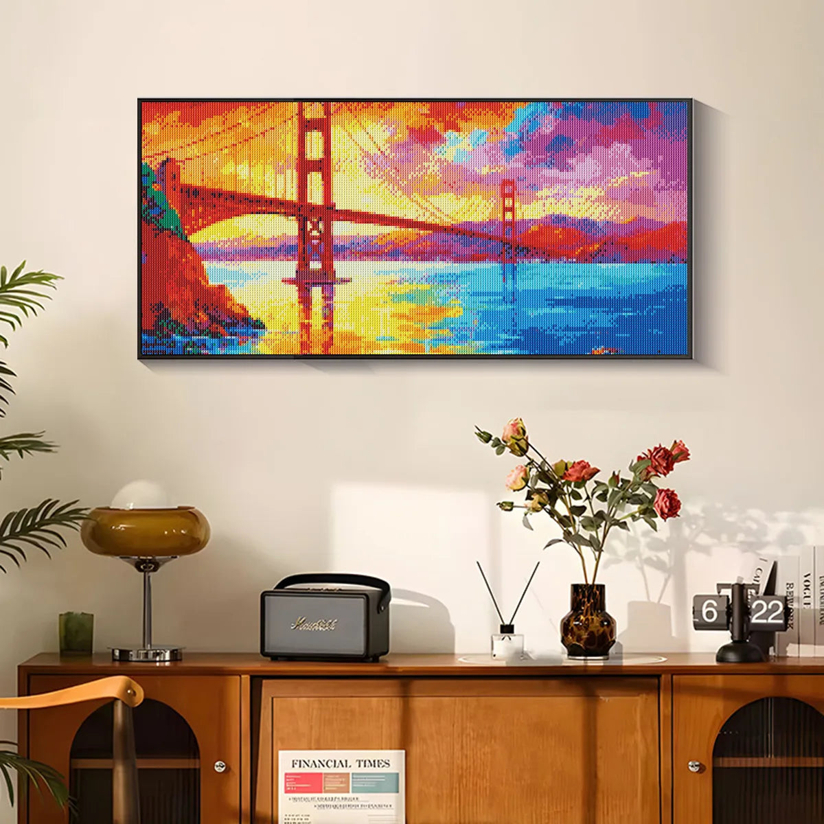 Scenic Golden Gate Bridge diamond painting above desk, demonstrating unique diamond painting ideas and meditative benefits.