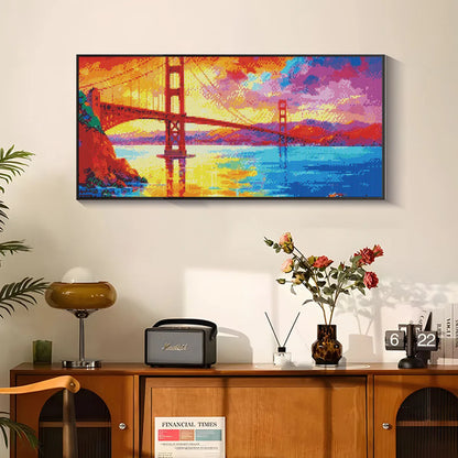 Scenic Golden Gate Bridge diamond painting above desk, demonstrating unique diamond painting ideas and meditative benefits.
