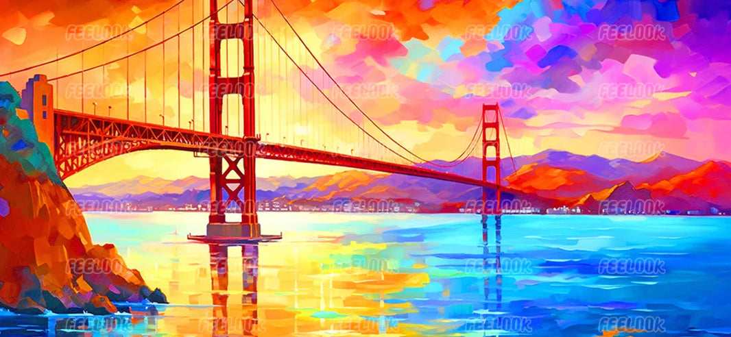 Full drill diamond painting of Golden Gate Bridge, a premium DIY diamond painting kit with smooth round drills for creative hobbyists.