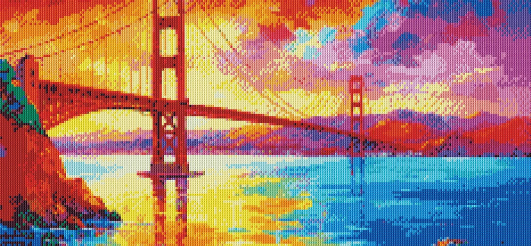 Rendered view of completed Golden Gate Bridge full drill masterpiece, showcasing vibrant colors and sparkle effect.