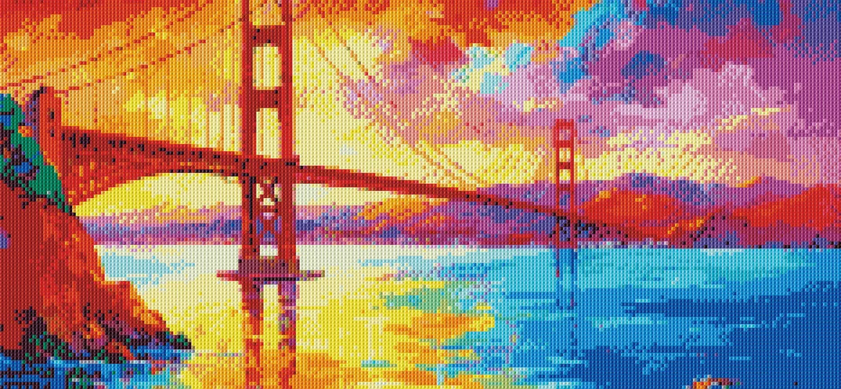 Rendered view of completed Golden Gate Bridge full drill masterpiece, showcasing vibrant colors and sparkle effect.