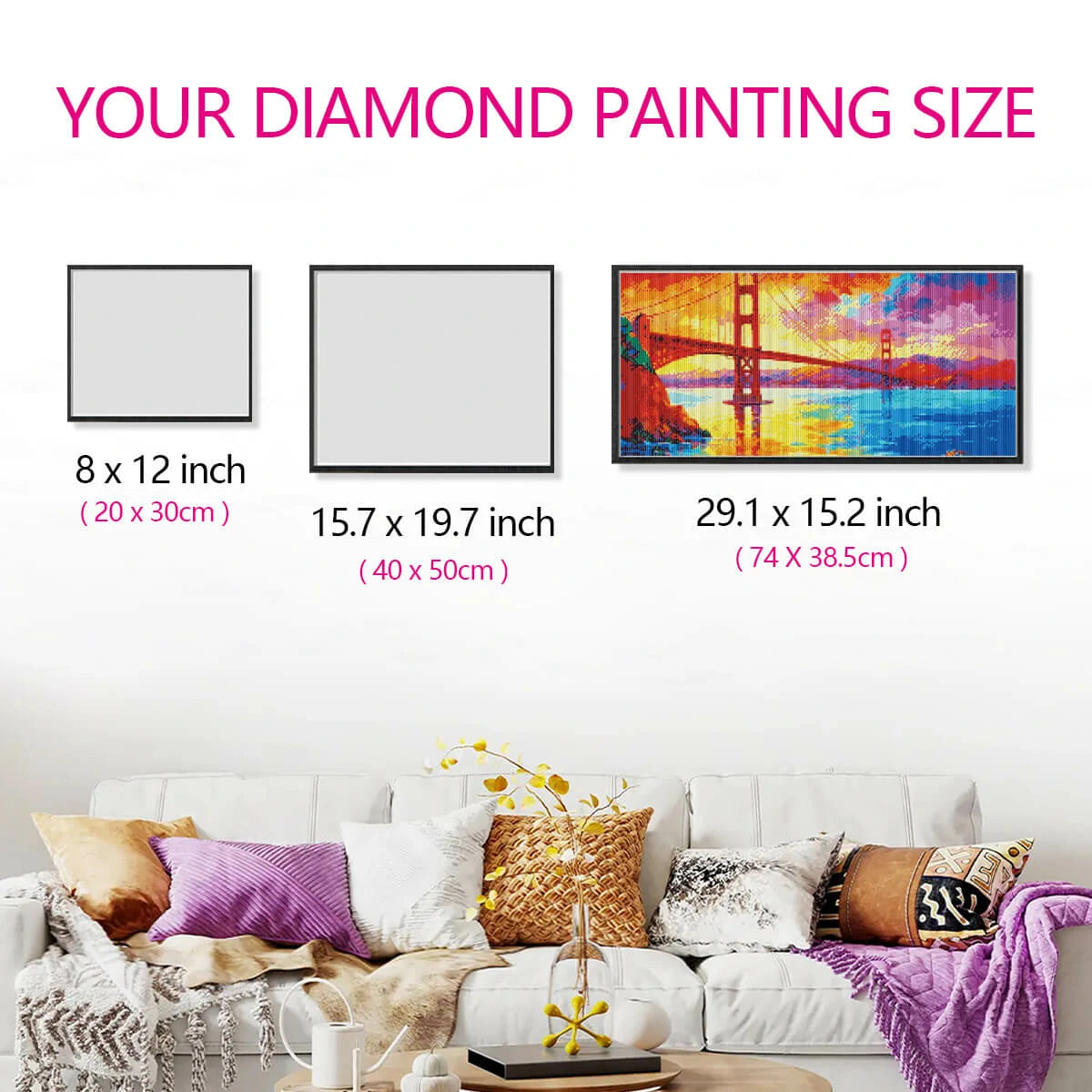 Size comparison of Golden Gate Bridge diamond painting canvas with human hands, easy to start round drill kit.