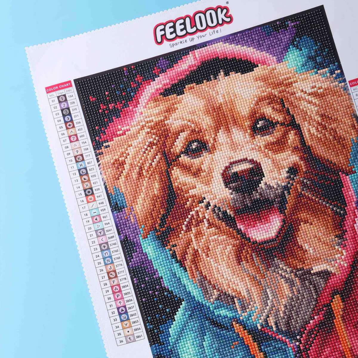 Detailed image of the Golden Retriever's expressive eyes in the diamond art kit, with each diamond contributing to a realistic and stunning final image.