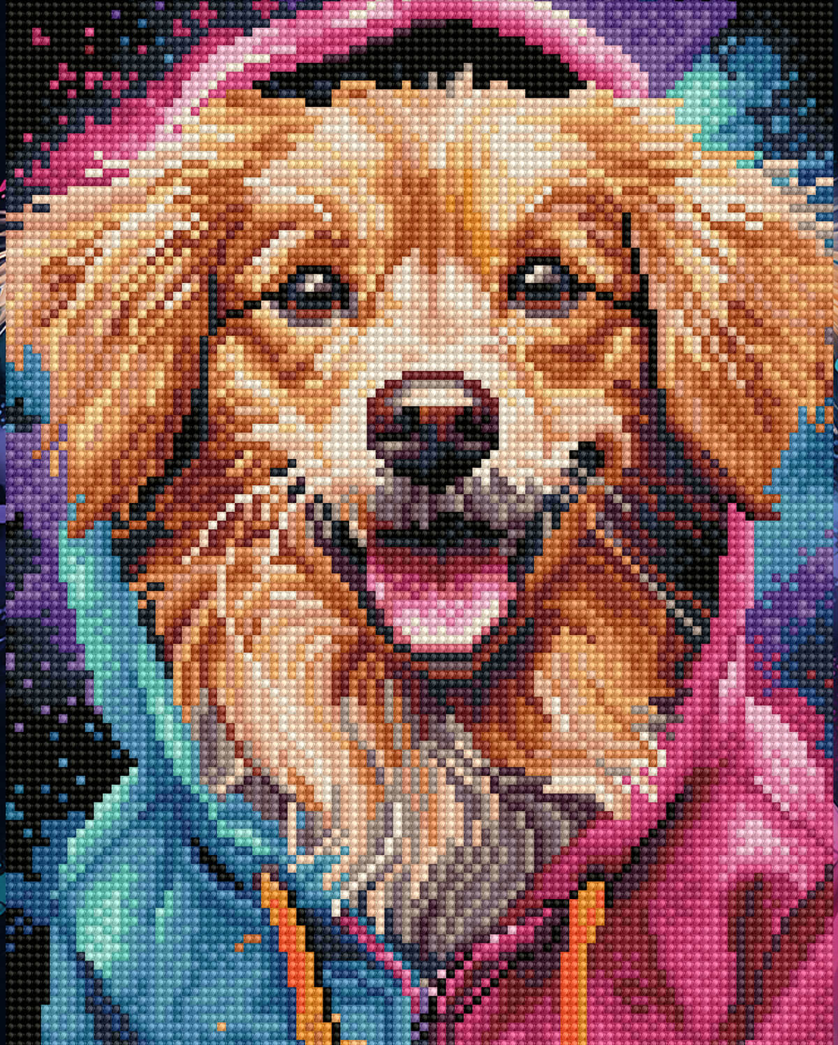 Rendered view of the Golden Retriever diamond painting canvas, showing the detailed fur texture and vibrant diamonds.