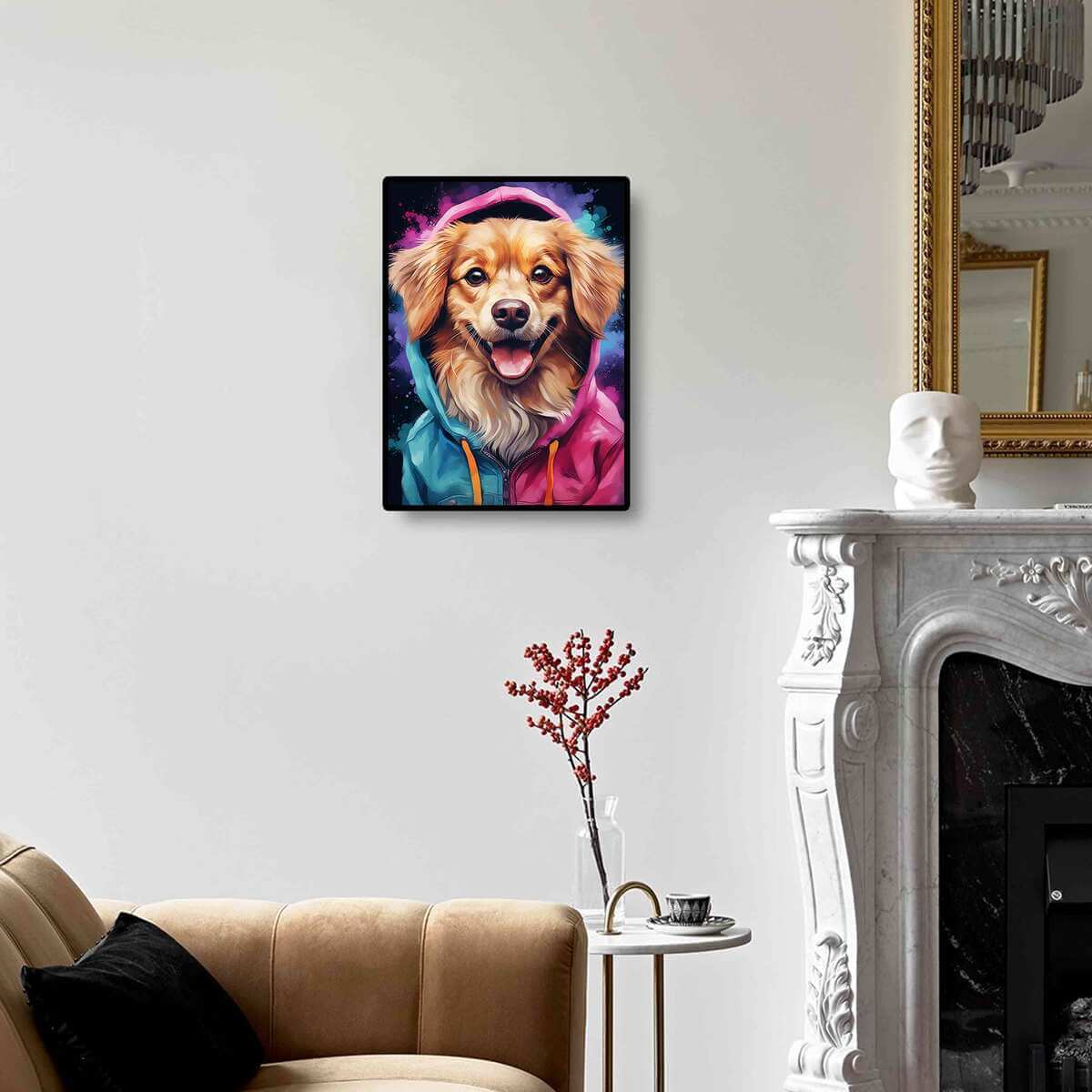 Golden Retriever diamond painting framed on the wall, ideal for home decor, bringing warmth and joy to your room with its inviting and friendly design.