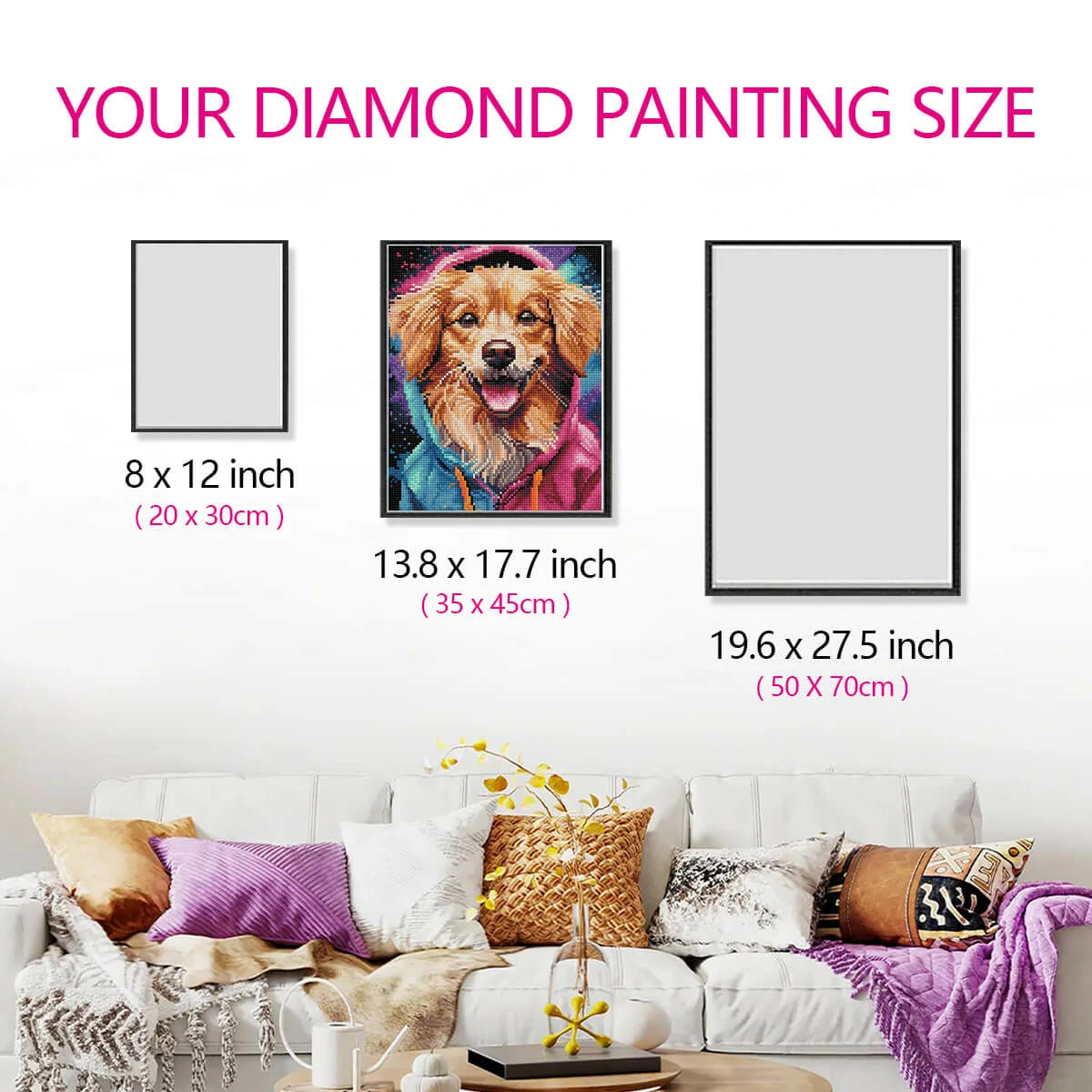 Size guide for the Golden Retriever diamond painting canvas, showing the perfect fit for any room, from living rooms to cozy bedrooms.