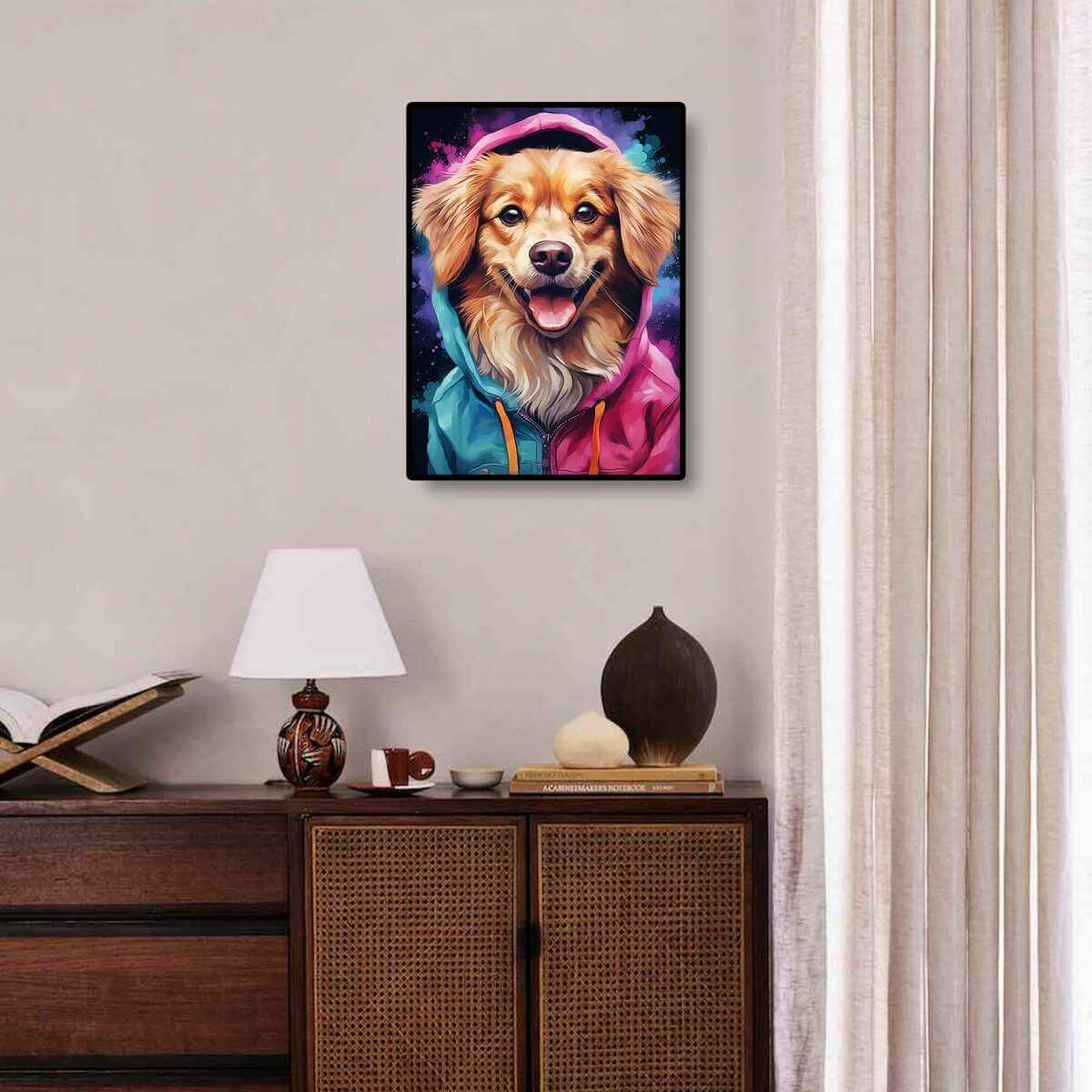 Golden Retriever diamond art kit beautifully displayed on the wall, enhancing any living space with its charming and lifelike depiction of the dog.