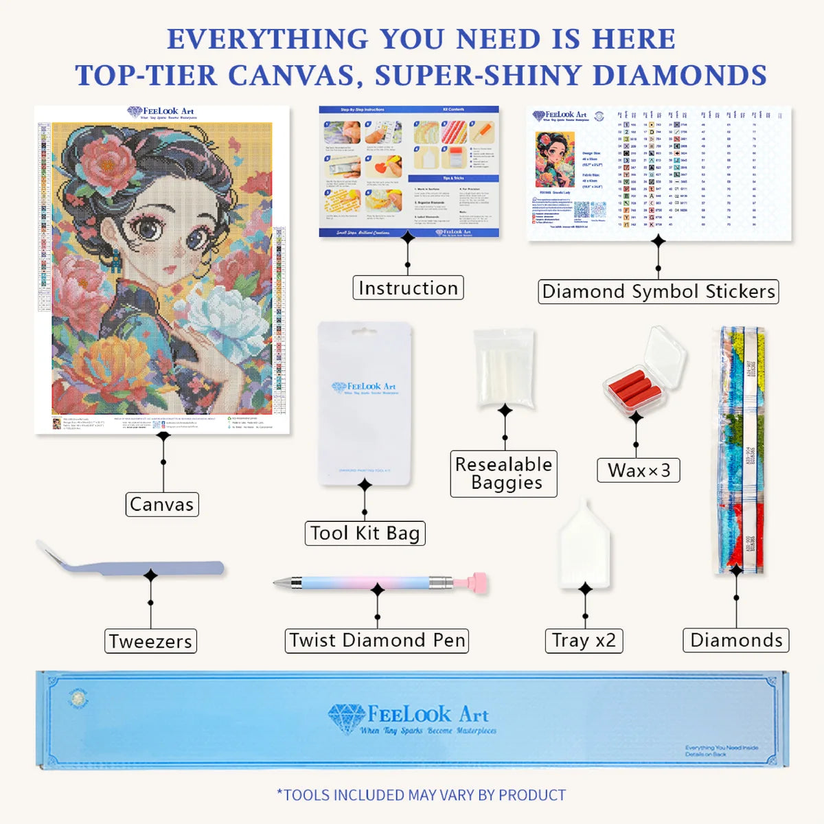 Graceful Lady diamond painting kit includes canvas, stylus, tray, and drills for Colorful Tree diamond painting DIY projects.