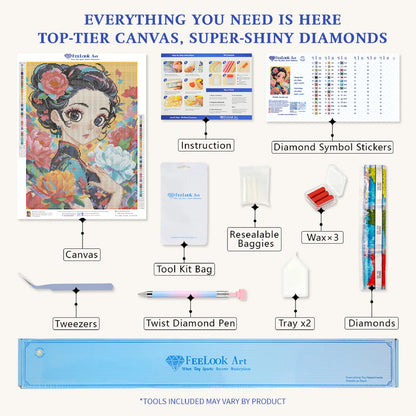Graceful Lady diamond painting kit includes canvas, stylus, tray, and drills for Colorful Tree diamond painting DIY projects.