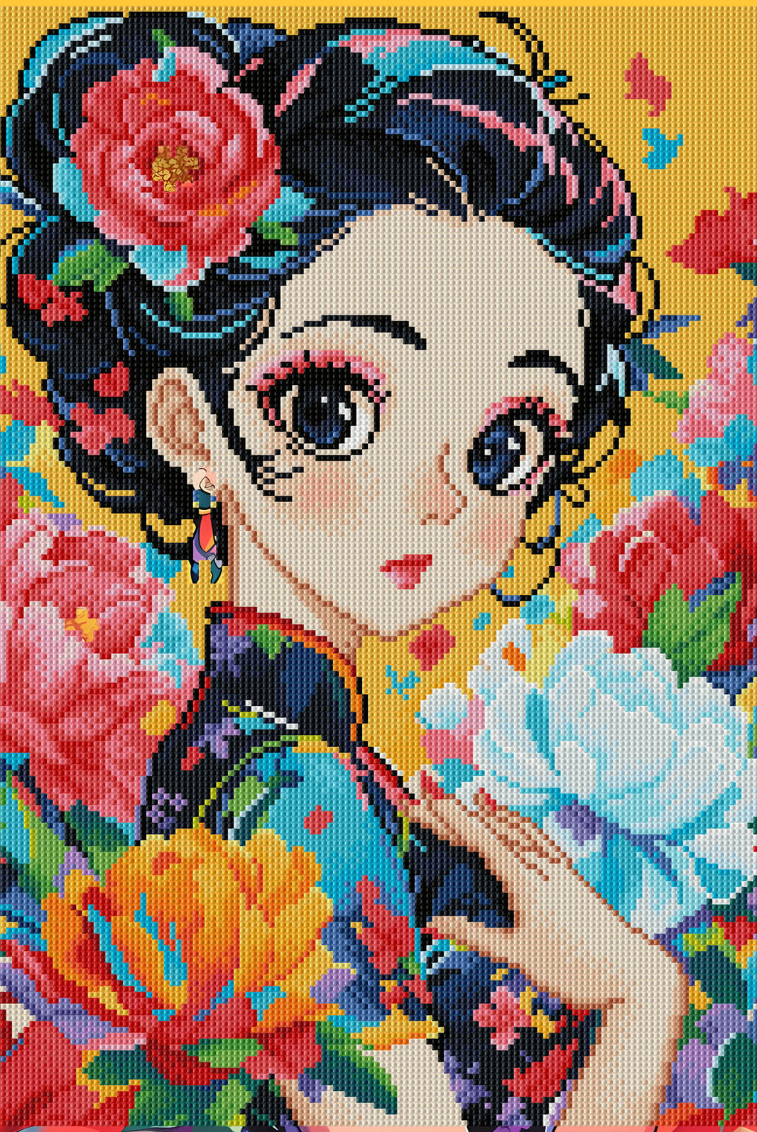 Rendered view of the Graceful Lady diamond painting kit, with intricate details and colorful diamond painting gems.