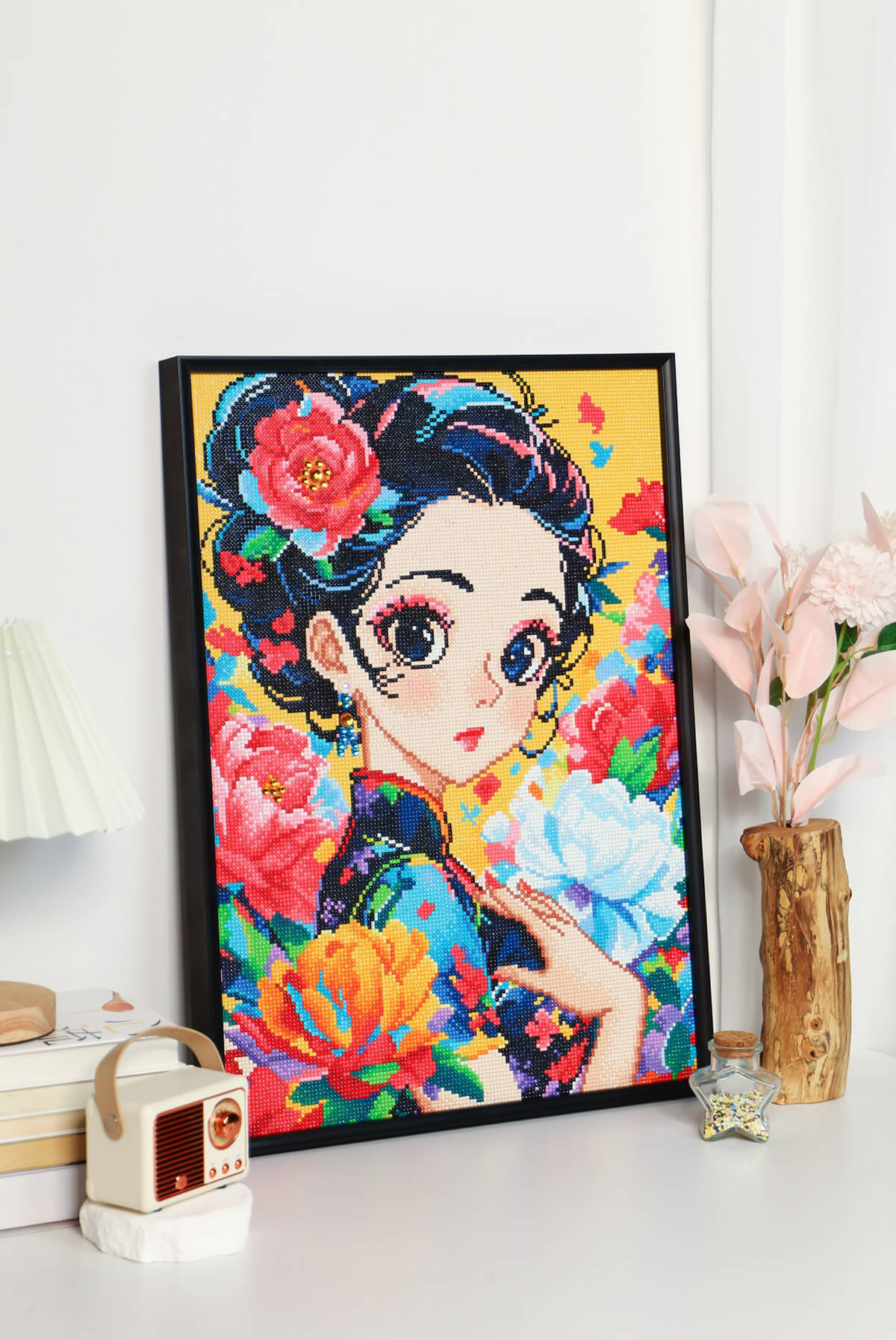 Graceful Lady diamond painting kit on display in a room, showcasing the beauty of diamond painting designs and vibrant diamond art accessories.
