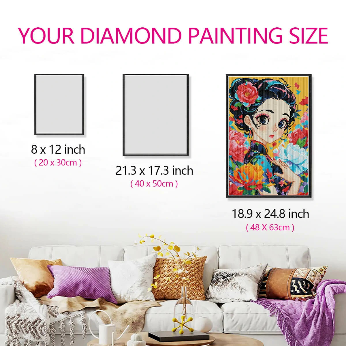 Size comparison for Graceful Lady diamond painting kit, showing proportions of the diamond art design in a room.