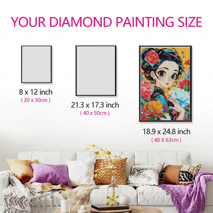 Size comparison for Graceful Lady diamond painting kit, showing proportions of the diamond art design in a room.