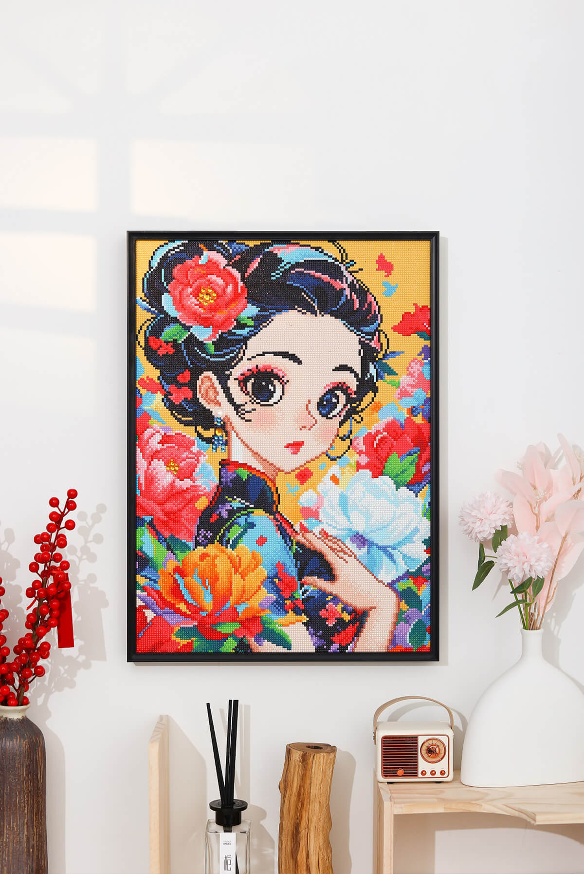 Graceful Lady diamond painting kit displayed as wall art in a living room, adding charm to your home decor with diamond art designs.