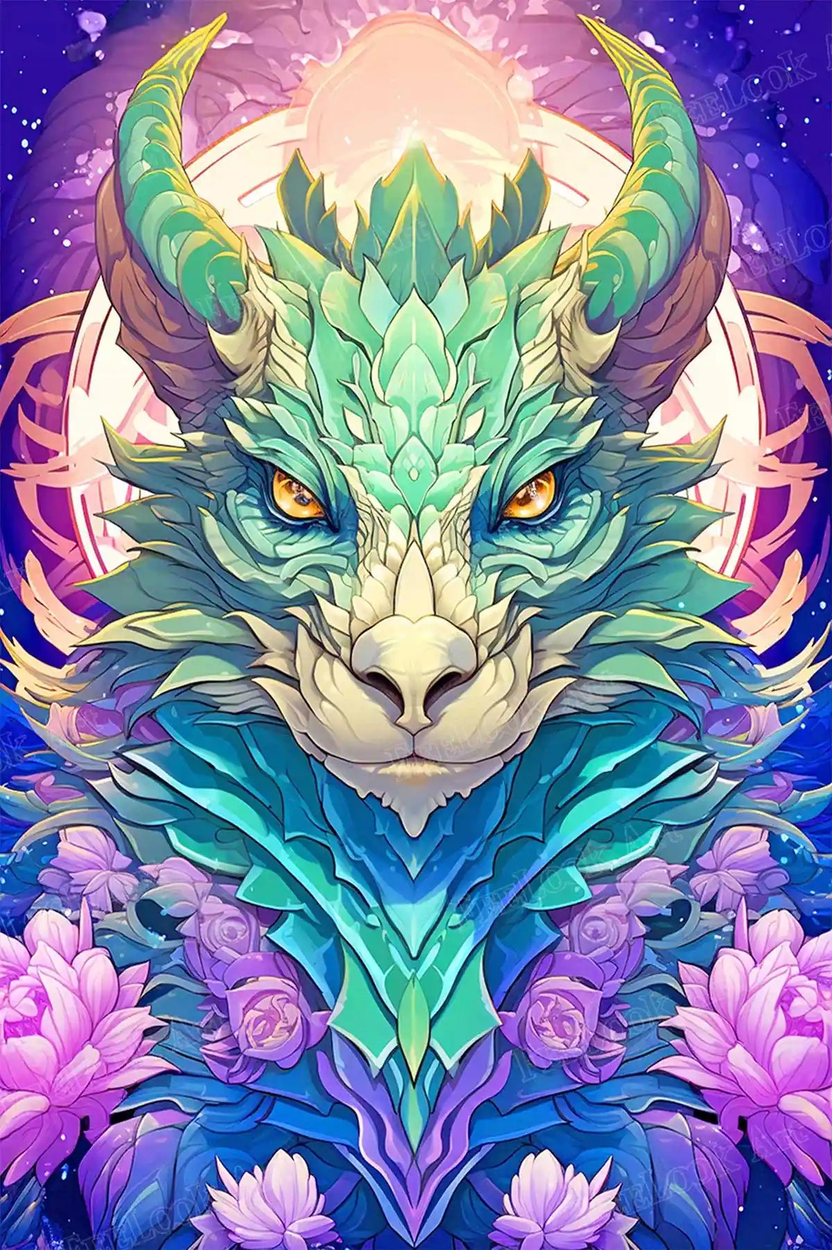 Full drill round diamond painting of a majestic green dragon, premium diamond painting kit with smooth round drills.
