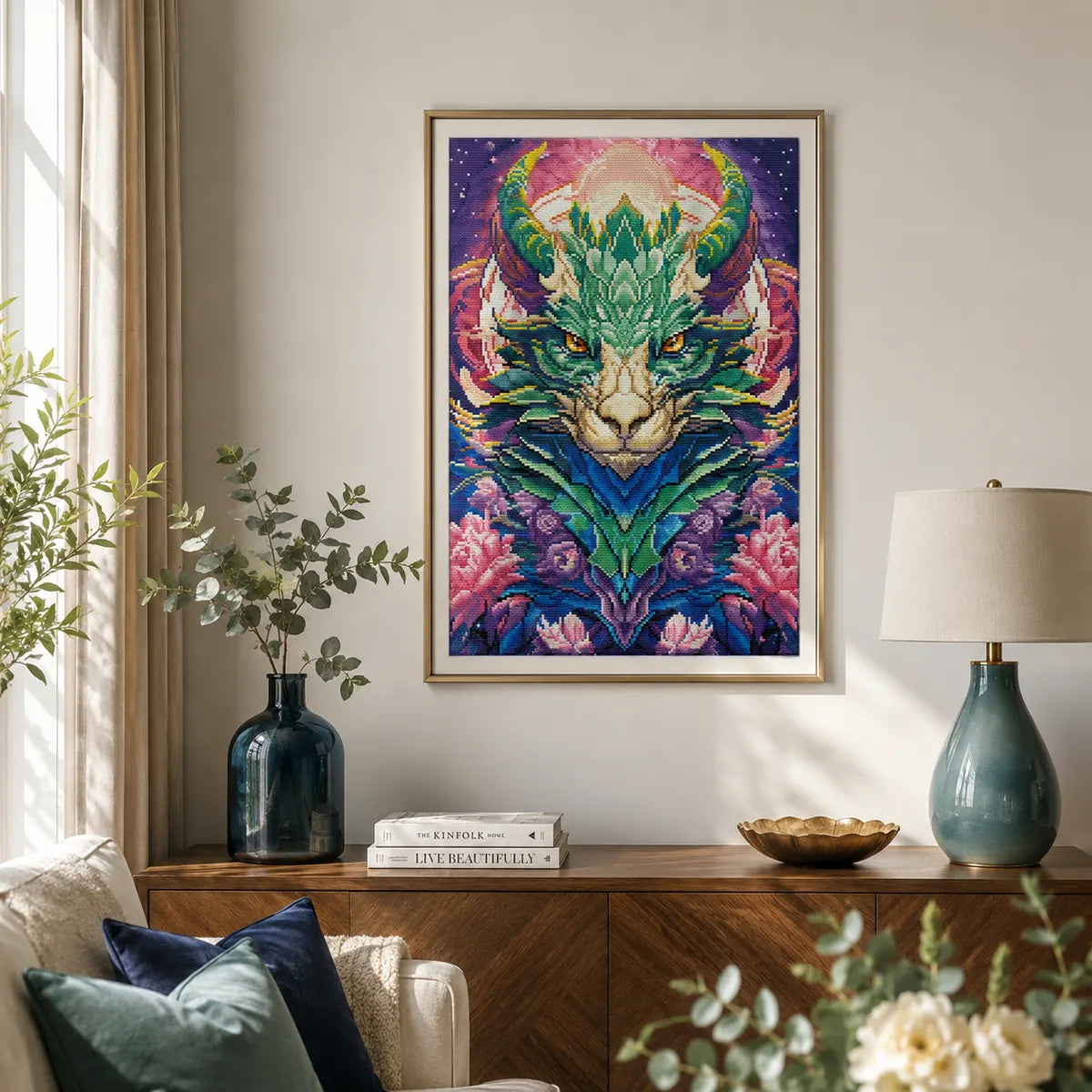 Green Dragon diamond painting hung in fantasy-themed study, ideal for meditative benefits and artistic creation. - FEELOOK Art