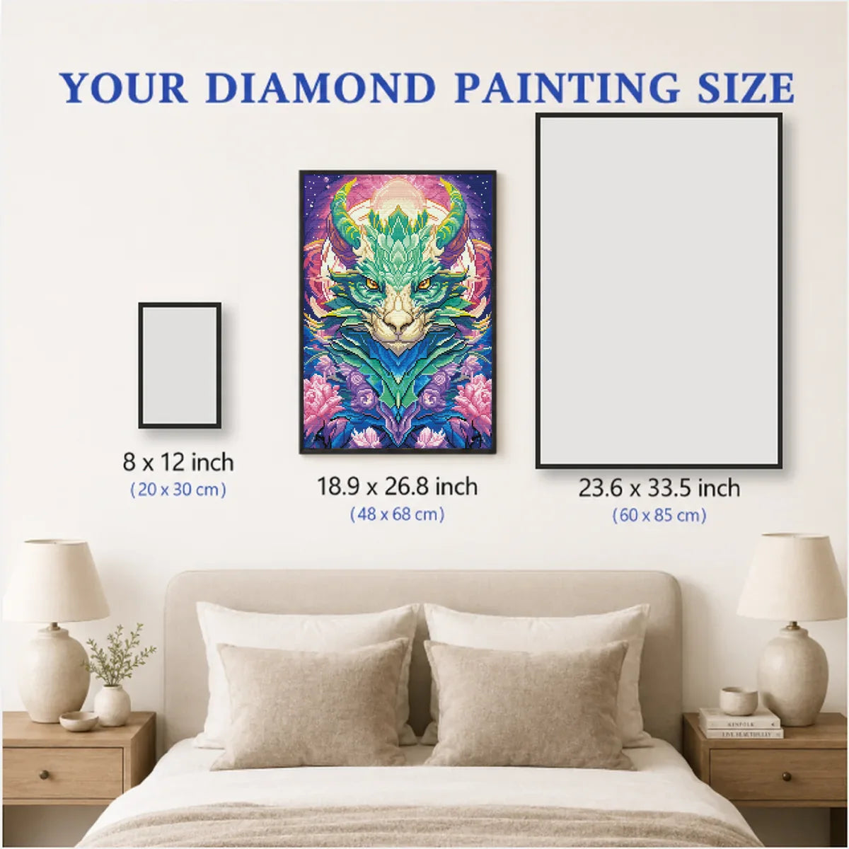 Size comparison of Green Dragon canvas held by hand, beginner-friendly round drill diamond painting kit. -FEELOOK Art