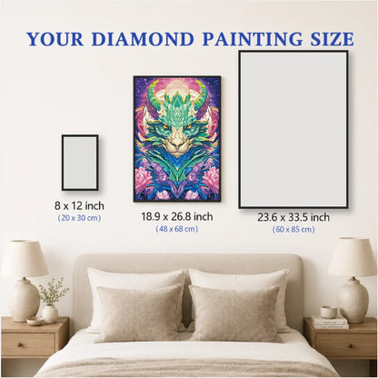 Size comparison of Green Dragon canvas held by hand, beginner-friendly round drill diamond painting kit. -FEELOOK Art