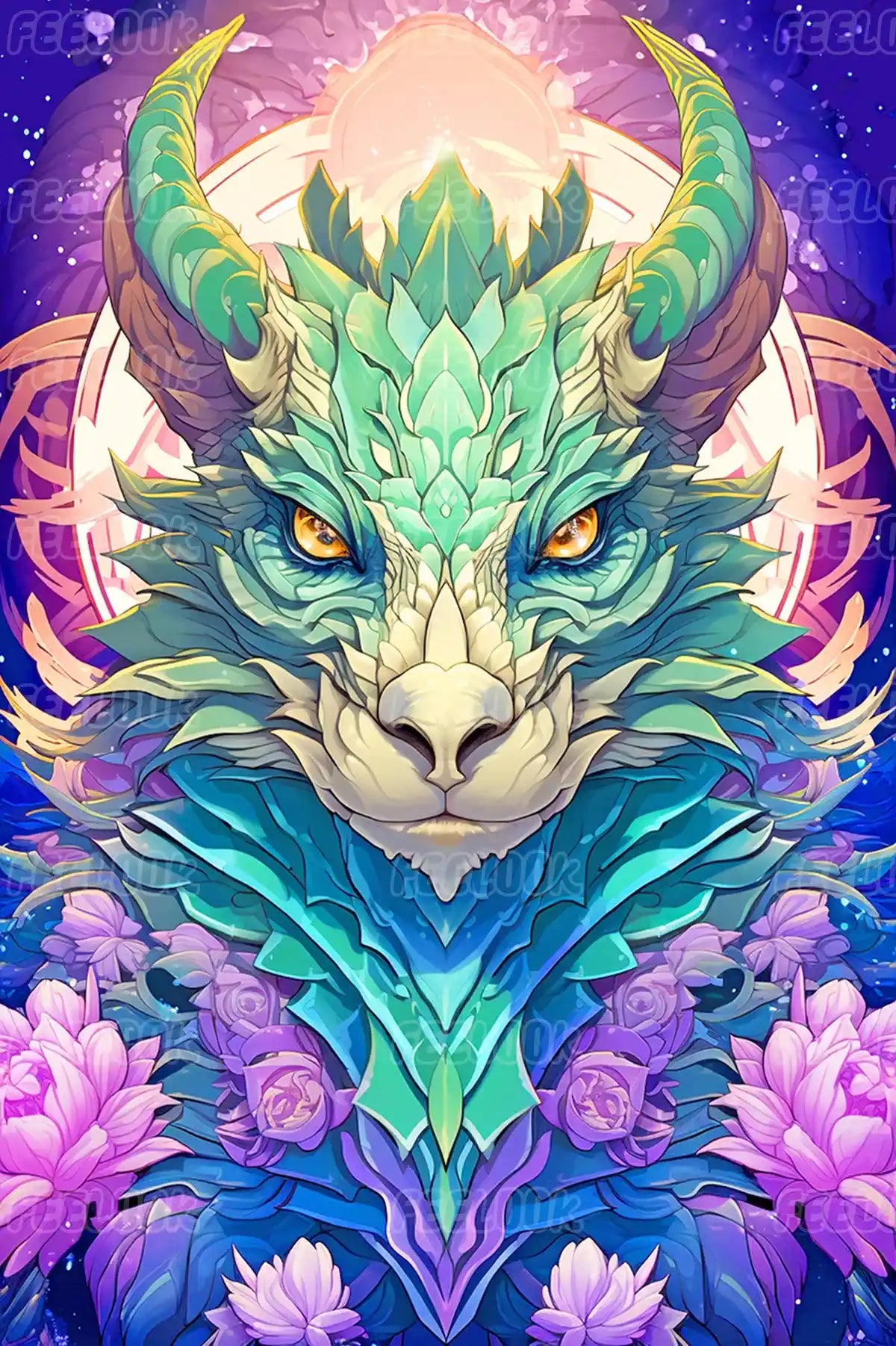 Full drill round diamond painting of a majestic green dragon, premium diamond painting kit with smooth round drills.