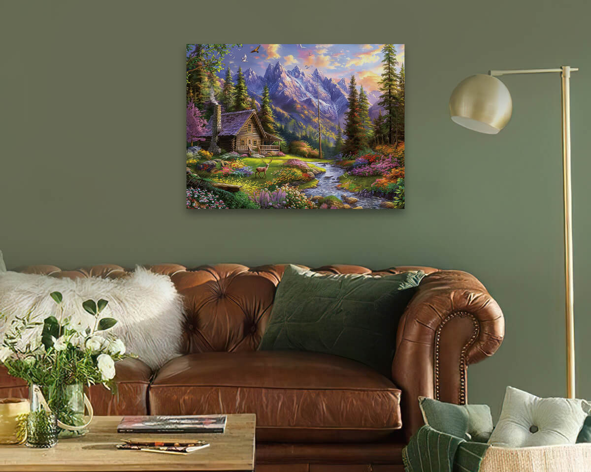 Halcyon Morning diamond painting in a living room, adding a calming touch to your space with its soft hues.