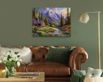 Halcyon Morning diamond painting in a living room, adding a calming touch to your space with its soft hues.