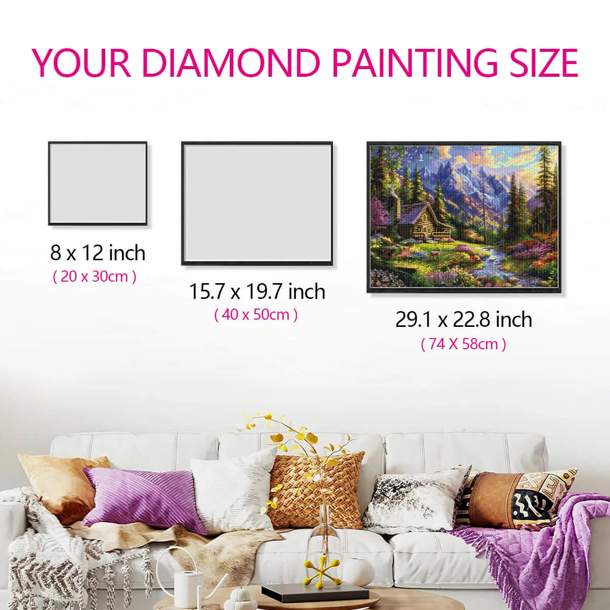 Halcyon Morning diamond painting size comparison, showing artwork proportions in a cozy living room.