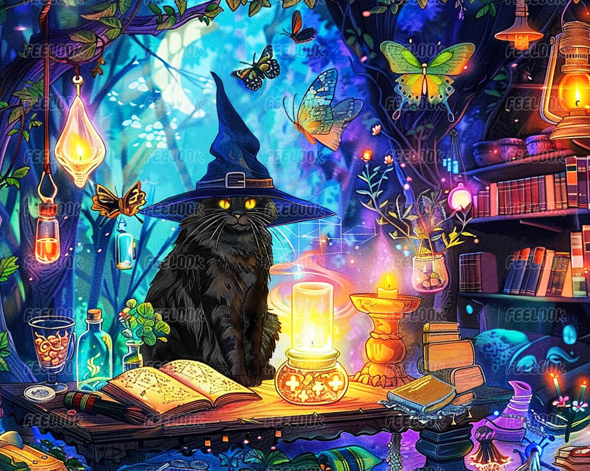 Halloween Cat diamond painting kit featuring a spooky black cat with vibrant, glowing details.