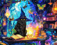 Halloween Cat diamond painting kit featuring a spooky black cat with vibrant, glowing details.