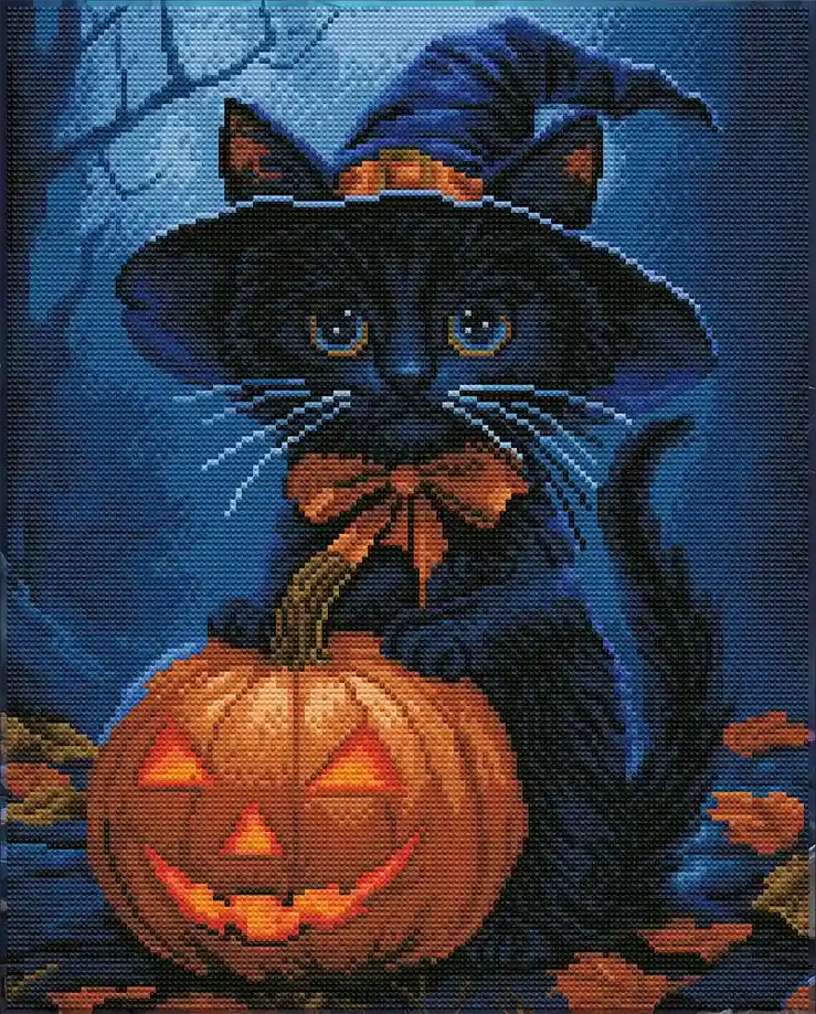 Finished Halloween Cat Guardian diamond art with sparkling details on the cat and Halloween background – FEELOOK Art