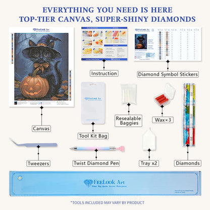 Diamond painting tool kit for Halloween Cat Guardian including pen, wax, tray, and vibrant diamonds – FEELOOK Art