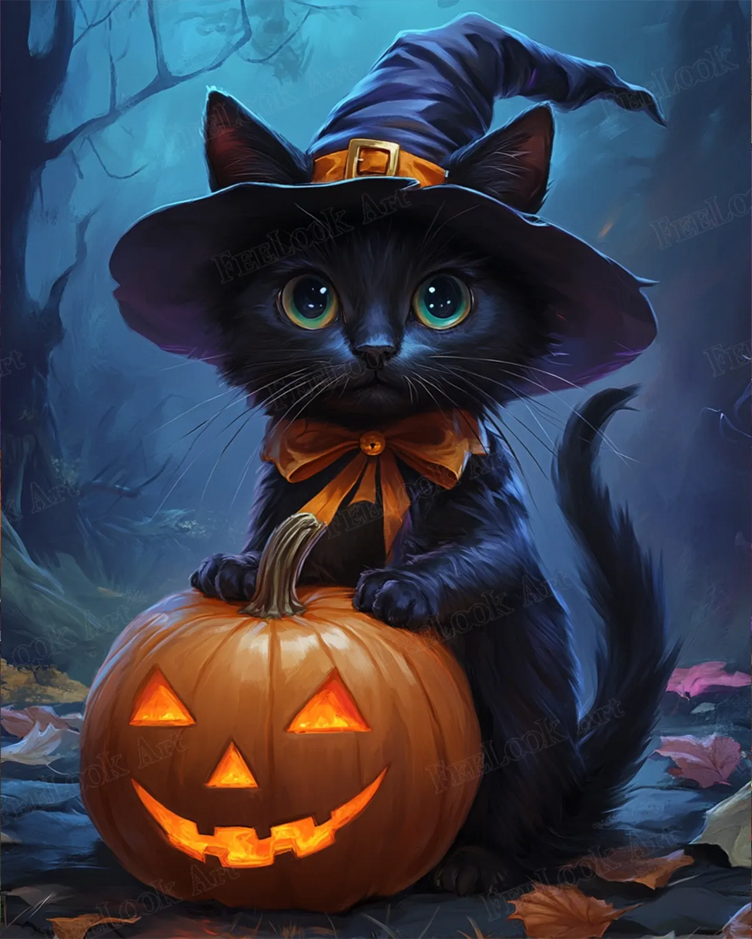 Halloween Cat Guardian diamond painting featuring a protective black cat with spooky Halloween elements – FEELOOK Art