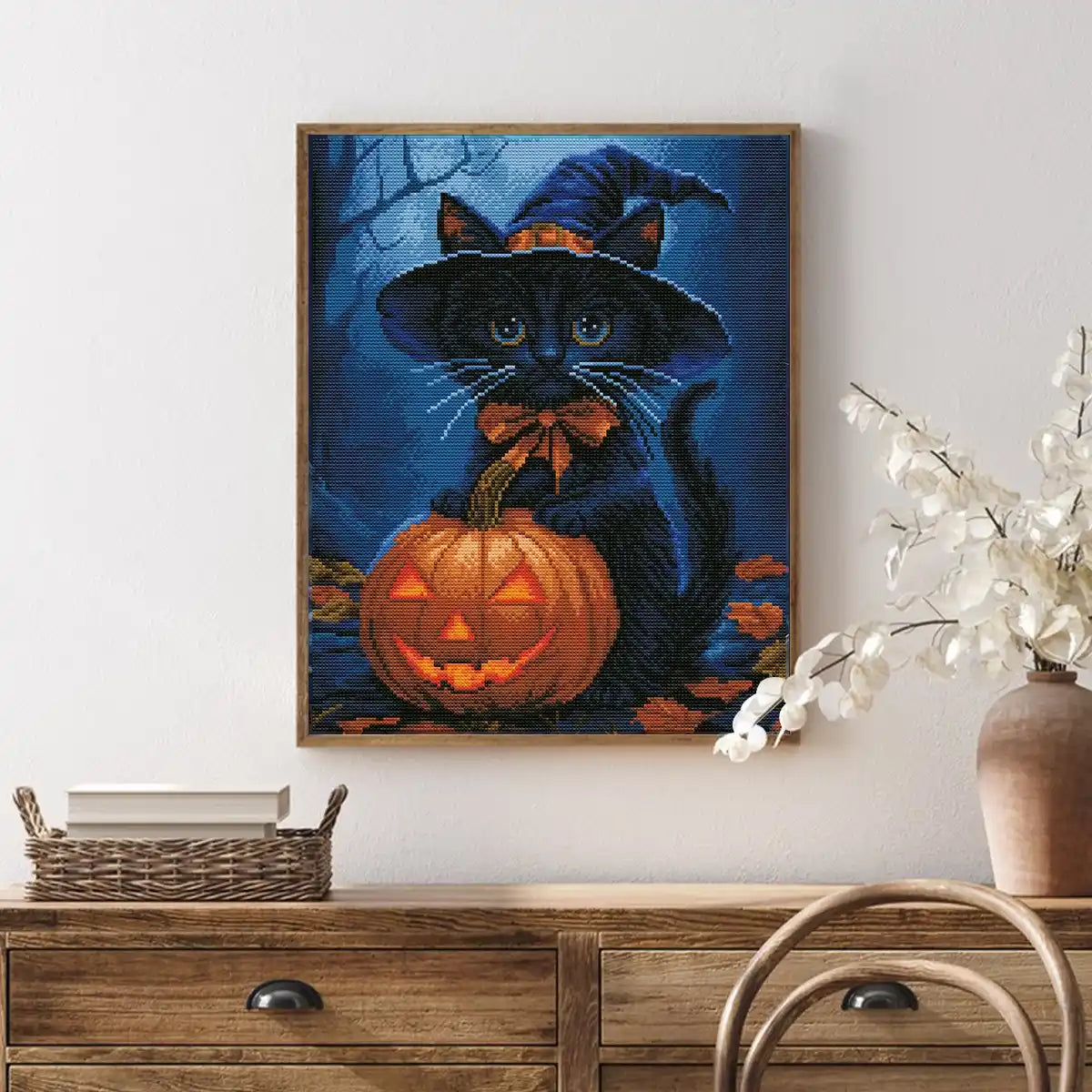 Halloween Cat Guardian diamond painting displayed in a spooky home setting, adding festive charm – FEELOOK Art
