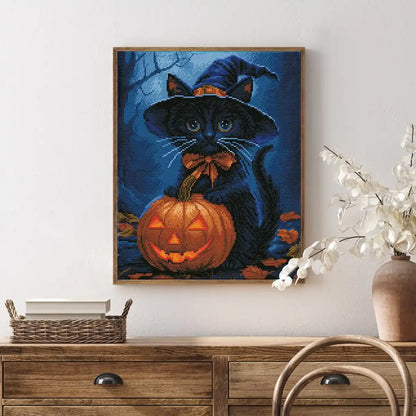 Halloween Cat Guardian diamond painting displayed in a spooky home setting, adding festive charm – FEELOOK Art
