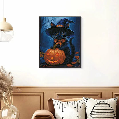 Whimsical display of Halloween Cat Guardian diamond art with a magical Halloween atmosphere – FEELOOK Art