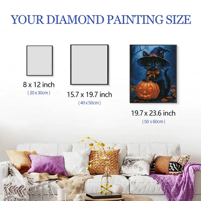 Size reference for Halloween Cat Guardian diamond painting with hand for scale – FEELOOK Art
