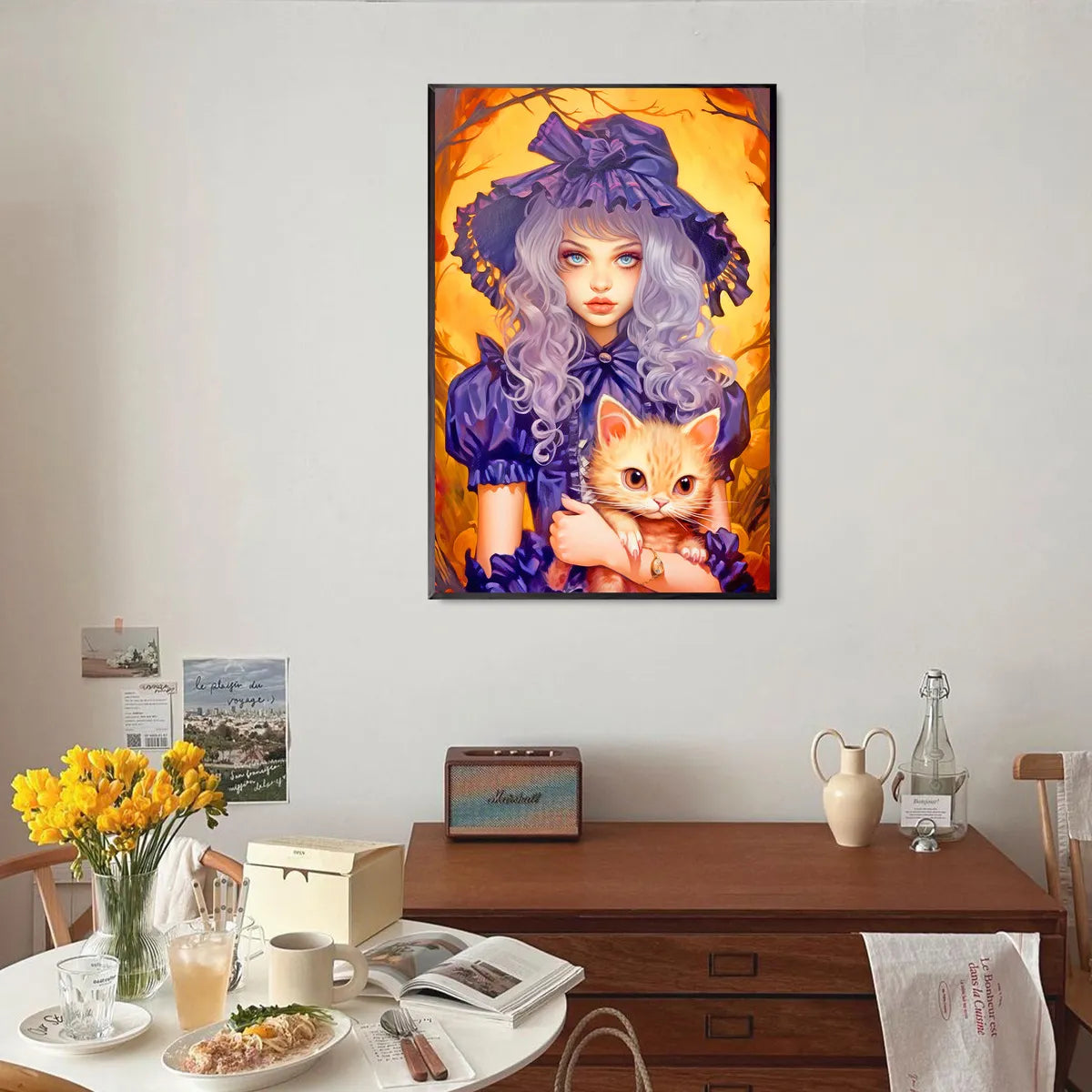 Cute winter diamond art framed in a cozy living room – Halloween Girl theme.