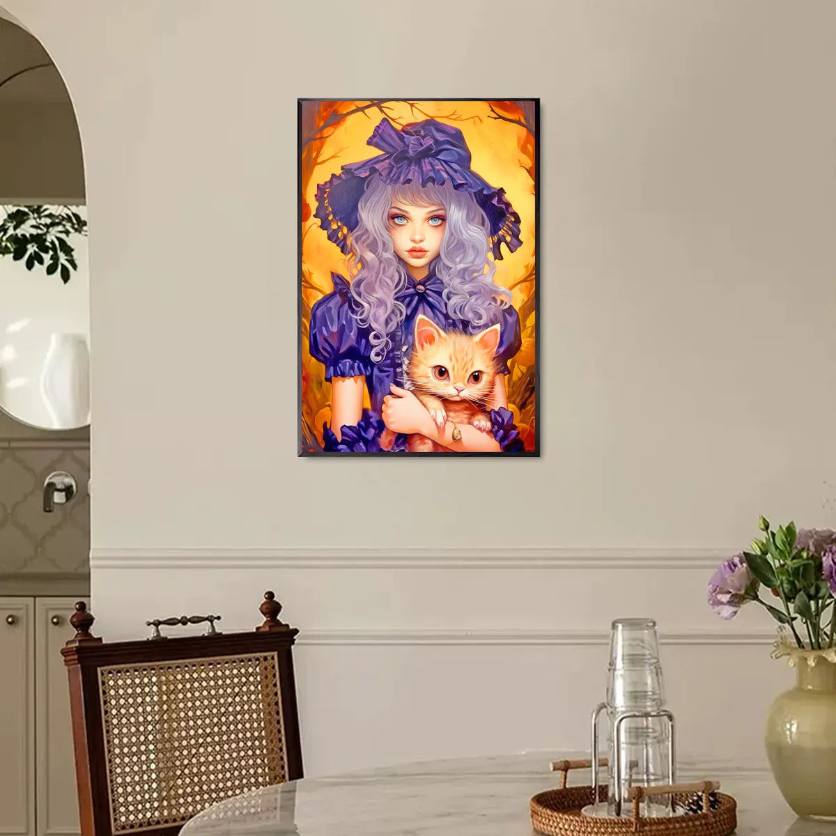 Round drill diamond painting of girl with cat hanging in a pastel-toned bedroom wall.