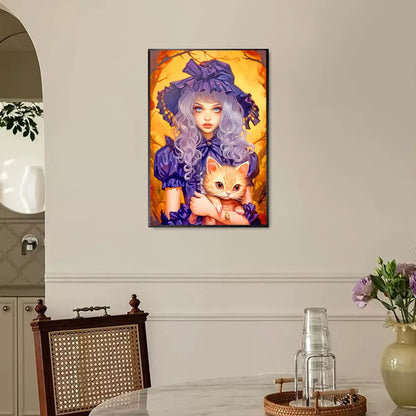 Round drill diamond painting of girl with cat hanging in a pastel-toned bedroom wall.