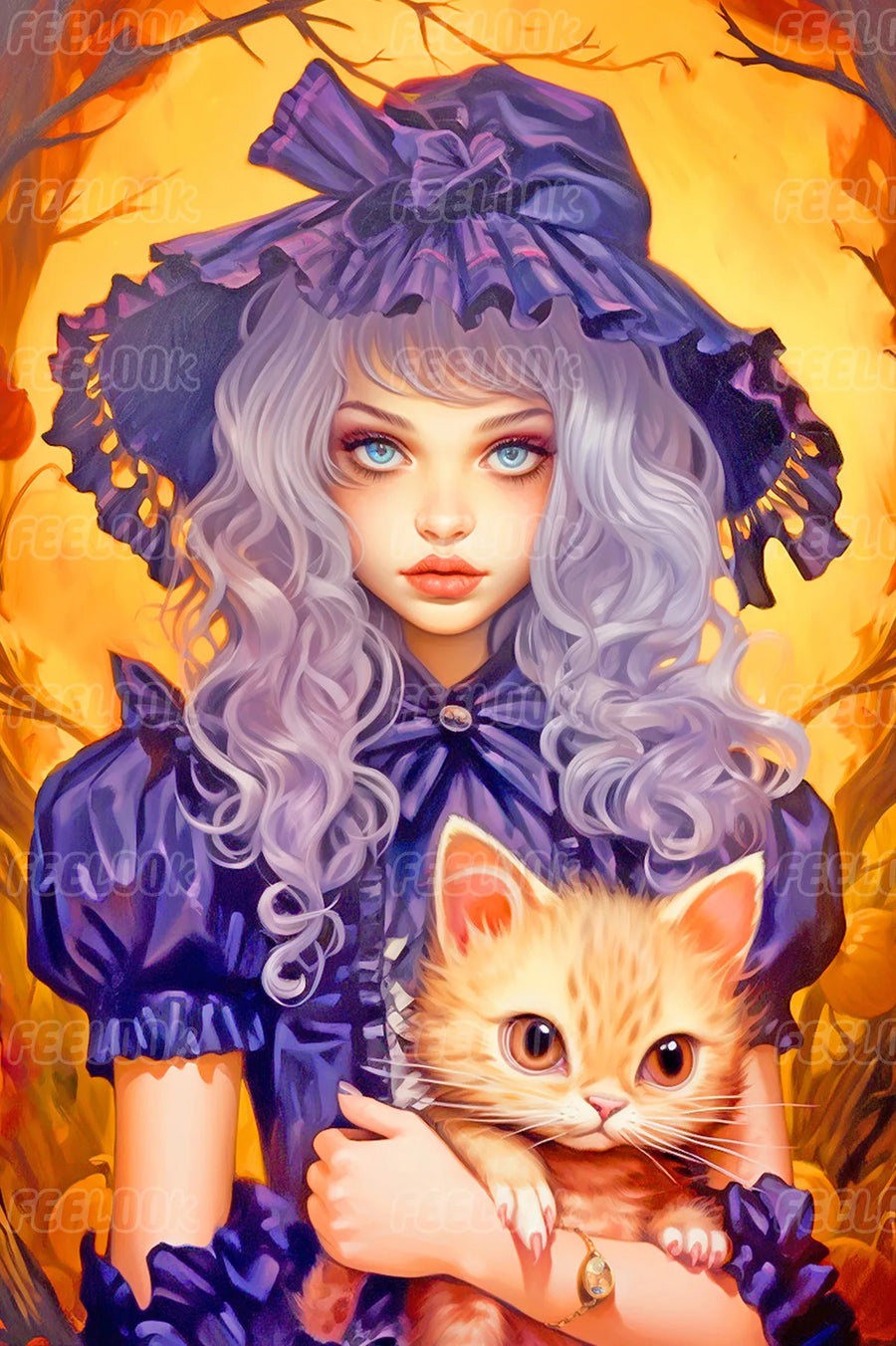 Halloween Girl diamond painting kit showing a festive girl holding an orange cat, crafted with full drill round diamonds.