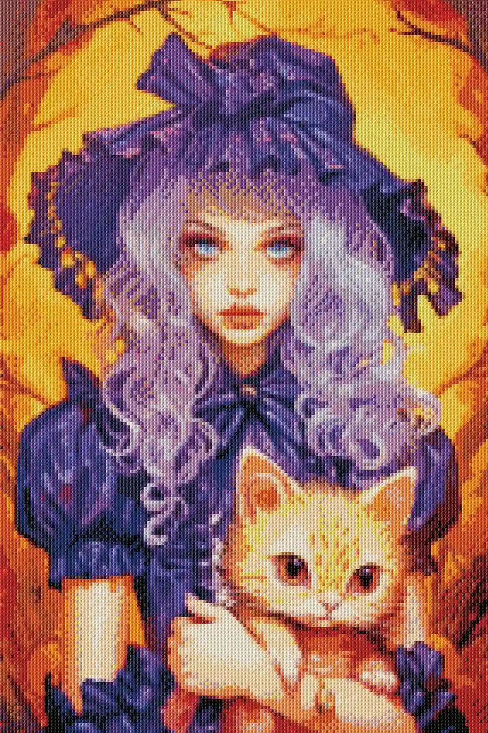Mockup of finished Halloween Girl DIY diamond painting with winter outfit and cozy cat theme.