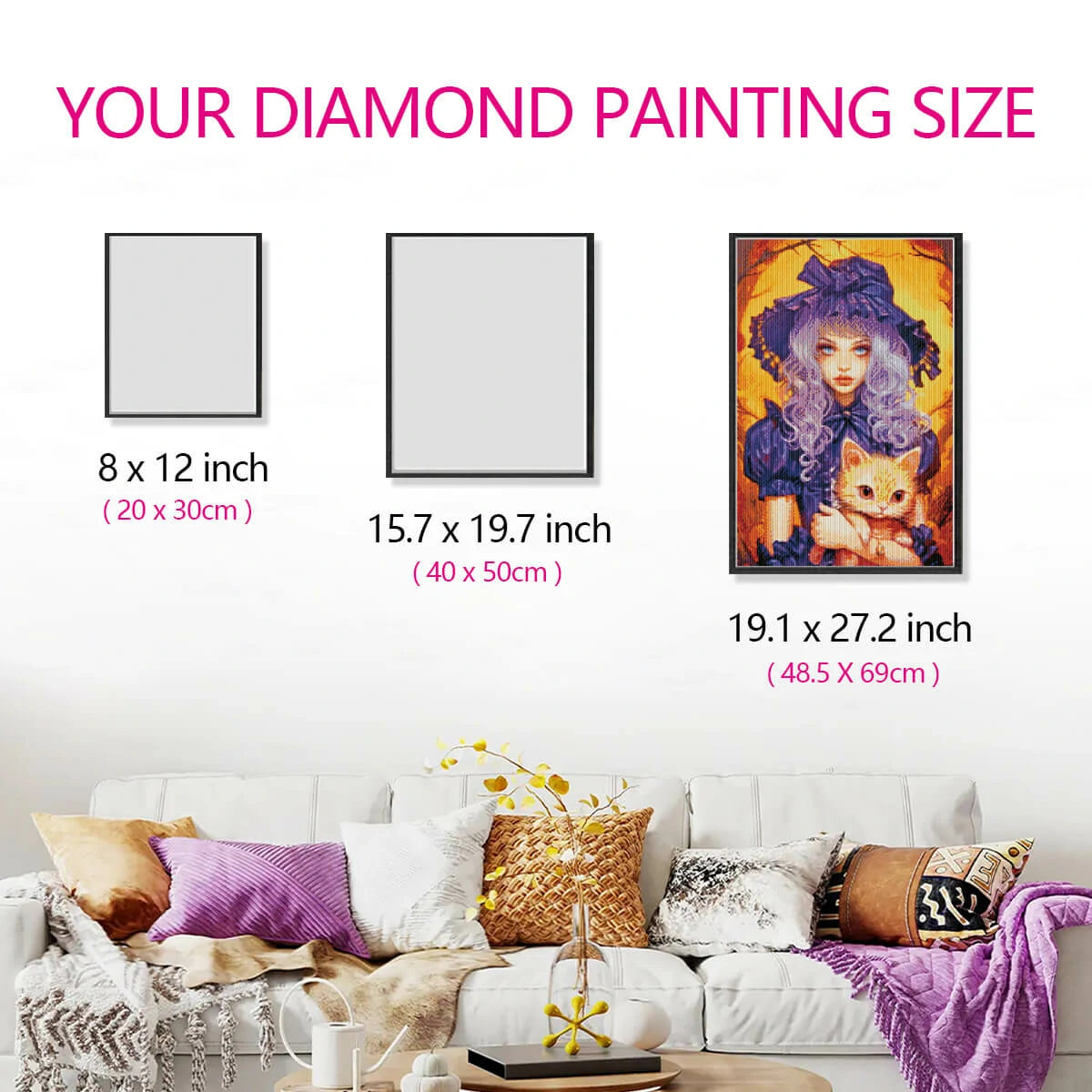 Canvas sizing of Halloween Girl round drill diamond painting displayed beside scale chart.